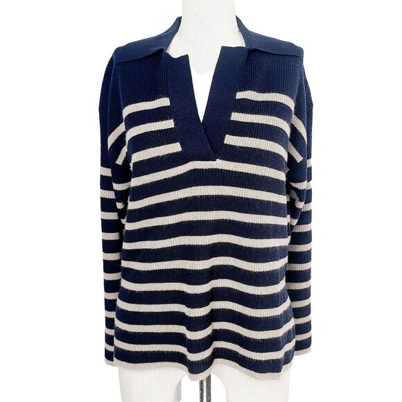 Rails Harris Sweater XS Blue Tan Stripe Merino Wool Blend Collar V-Neck Pullover - Picture 1 of 10